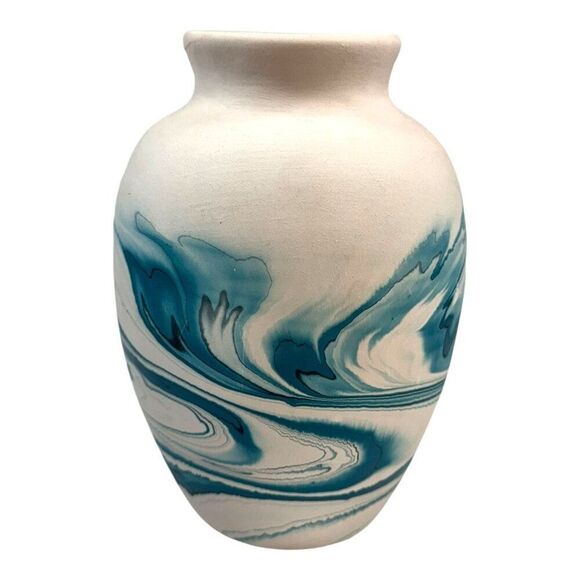 Nemadji Pottery Vase Vintage Blue Green Swirls 7" Tall Teal Turquoise Southwest - Picture 2 of 6